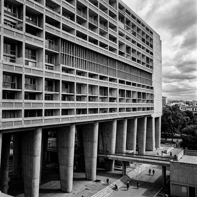 Unité d'Habitation in Marseille, showing board-marked concrete on pilotis