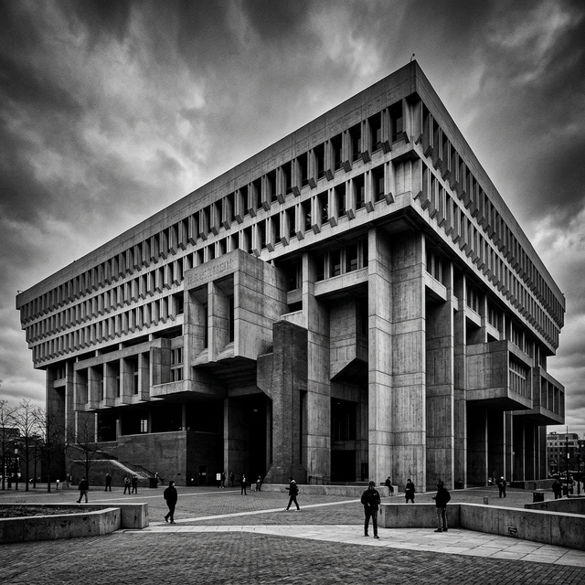 The extremely top-heavy, articulated concrete massing of Boston City Hall