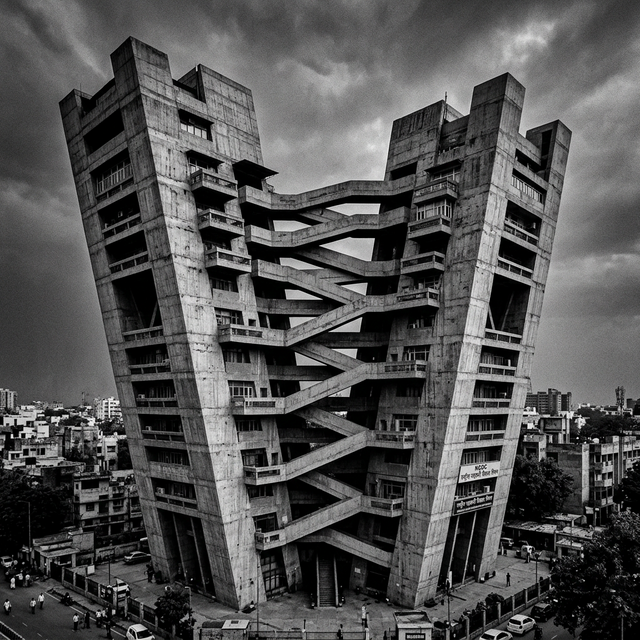 The massive, leaning twin brutalist towers connected by staggered concrete floors