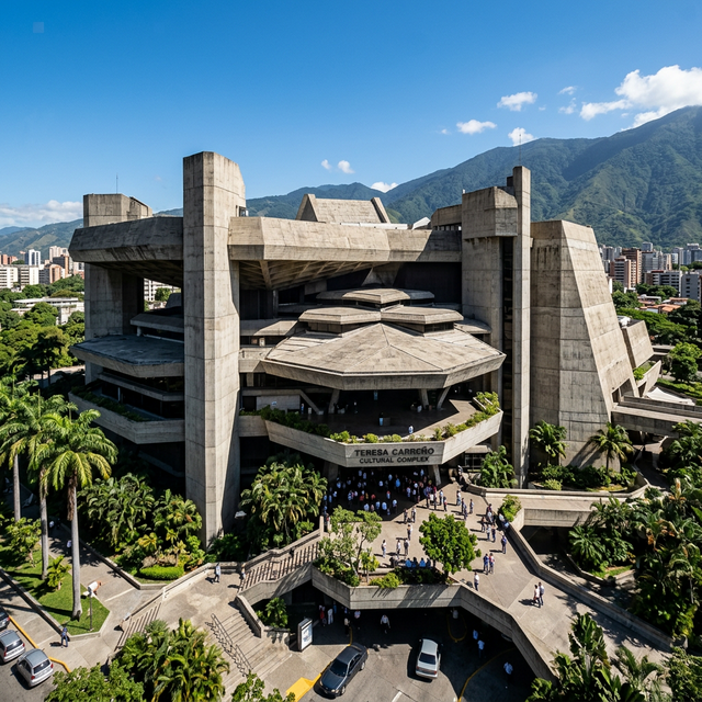 The majestic Brutalist concrete massing of the Teresa Carreño Cultural Complex in Caracas, featuring its iconic hexagonal roof structures